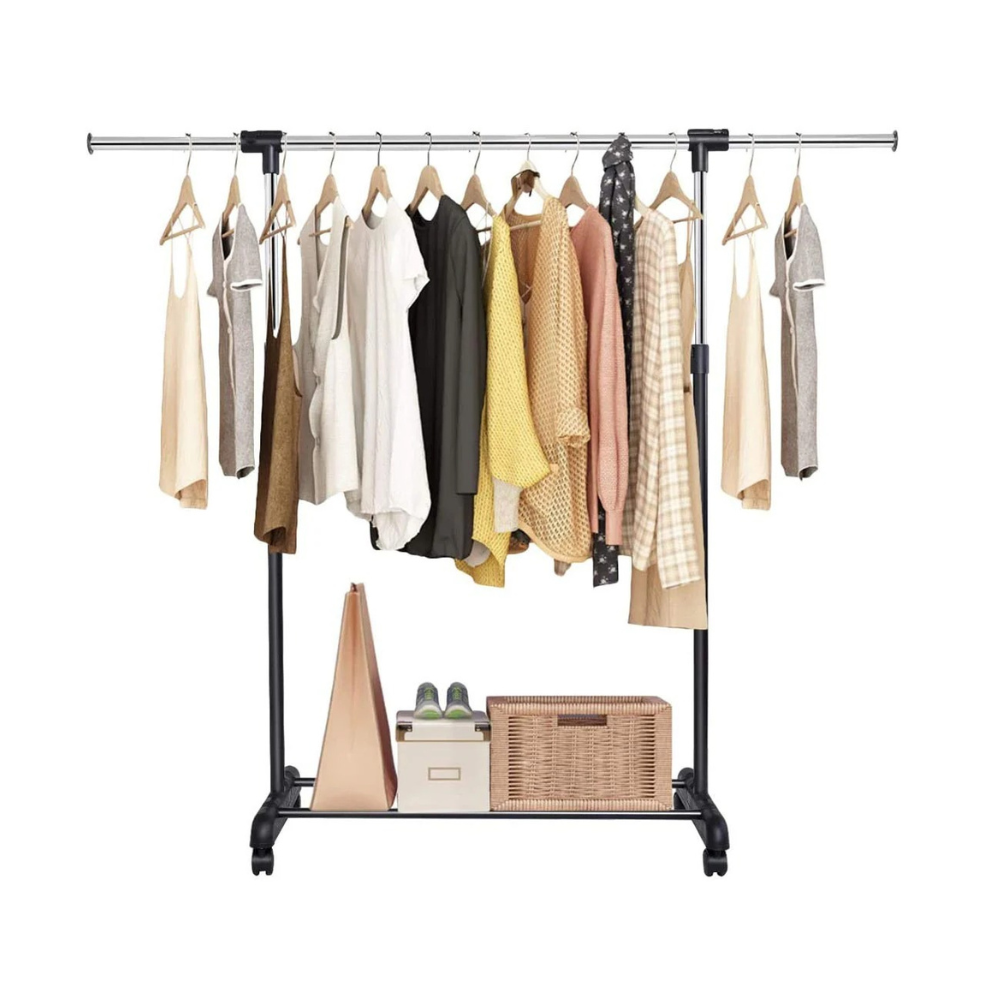 RELAX4LIFE Coat Rack with Wheels, Extendable Garment Rack with Shoe Rack, Adjustable Height and Width, Steel and Plastic Floor Coat Rack, Black