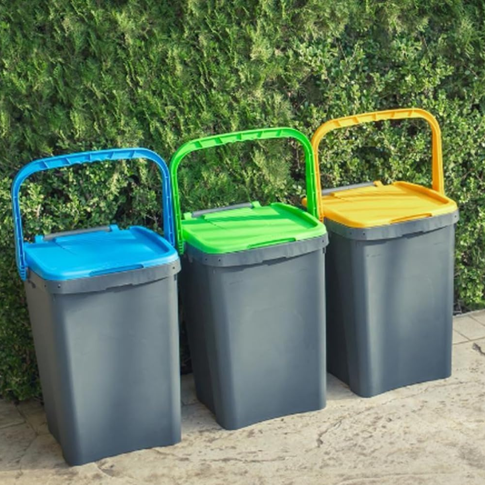FERCASASHOP - Set of 3 Ecoplus Waste Separation Bins, Polyurethane Bin Ideal for Indoors and Outdoors, Sturdy Space-Saving Rubbish Bin with Ergonomic Handle (3 x 50)