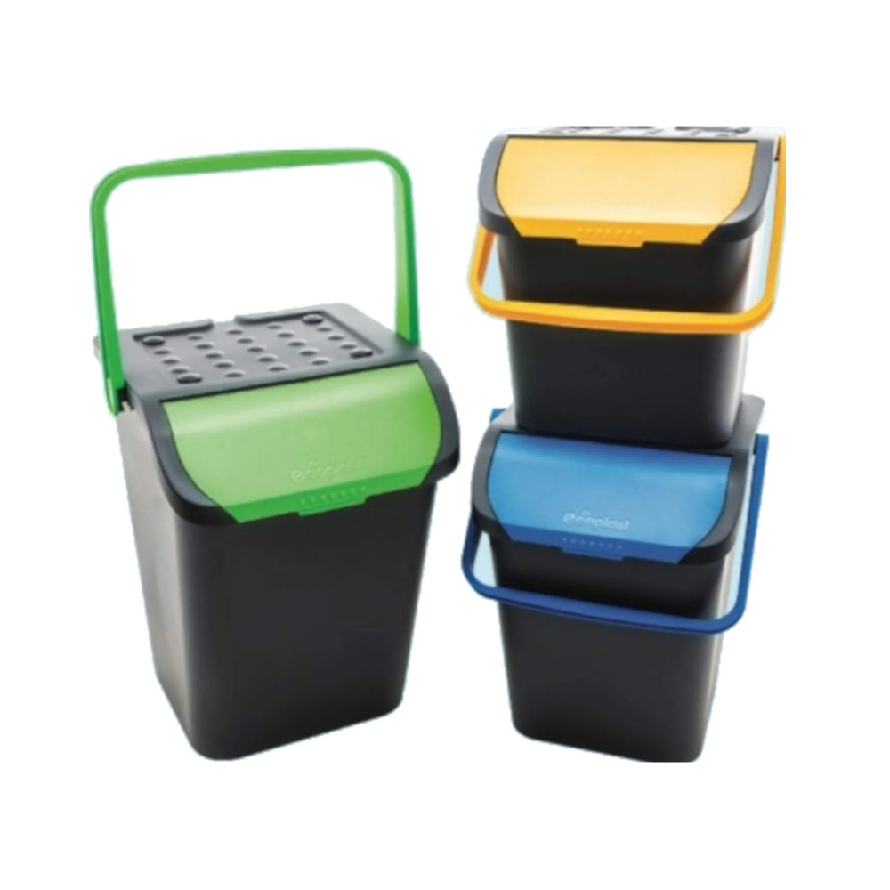 Ecoplast Set of 3 Assorted Pieces Waste Bin for Separate Waste Collection, Ecologic, Anti-Stray, 28 Lt, Stackable, Double Opening