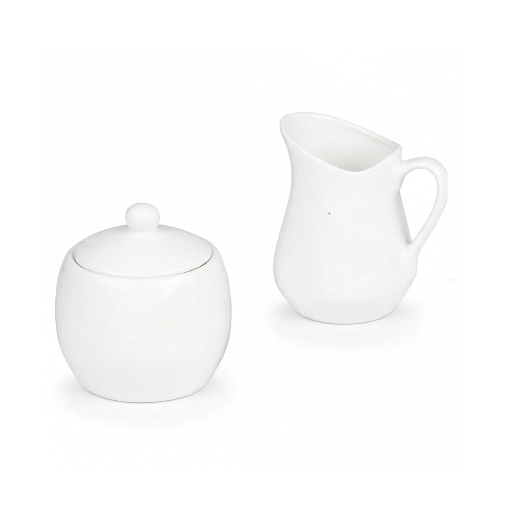 Ensemble petit-déjeuner FOFO' comprenant un pot à lait et un sucrier en céramique blanche brillante