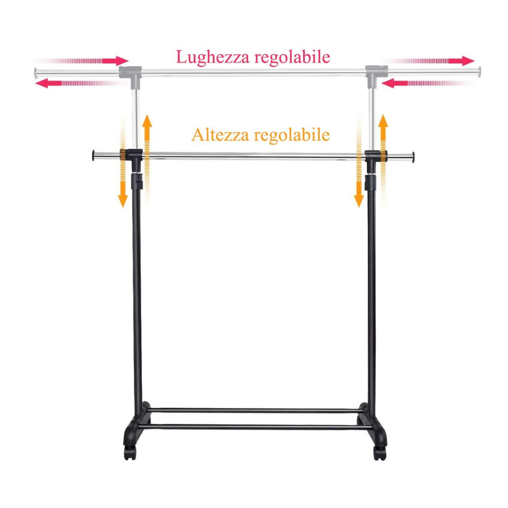 RELAX4LIFE Coat Rack with Wheels, Extendable Garment Rack with Shoe Rack, Adjustable Height and Width, Steel and Plastic Floor Coat Rack, Black