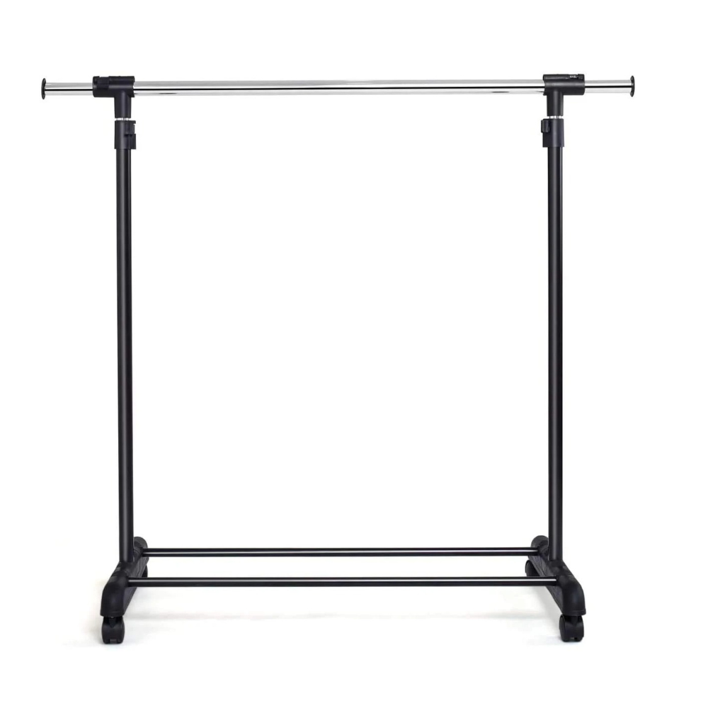 RELAX4LIFE Coat Rack with Wheels, Extendable Garment Rack with Shoe Rack, Adjustable Height and Width, Steel and Plastic Floor Coat Rack, Black