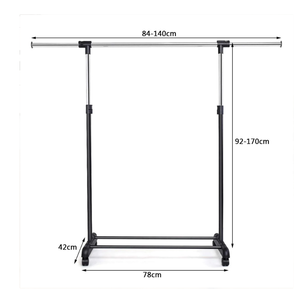 RELAX4LIFE Coat Rack with Wheels, Extendable Garment Rack with Shoe Rack, Adjustable Height and Width, Steel and Plastic Floor Coat Rack, Black