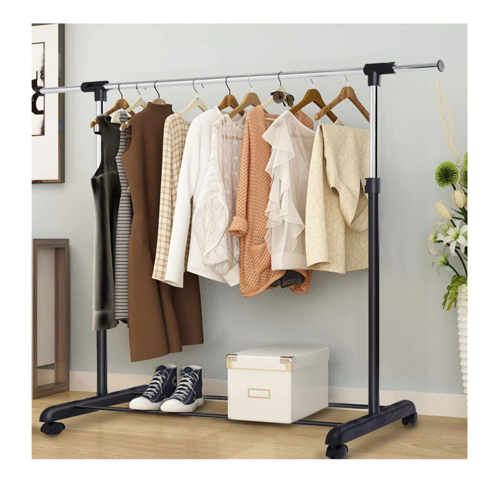 RELAX4LIFE Coat Rack with Wheels, Extendable Garment Rack with Shoe Rack, Adjustable Height and Width, Steel and Plastic Floor Coat Rack, Black