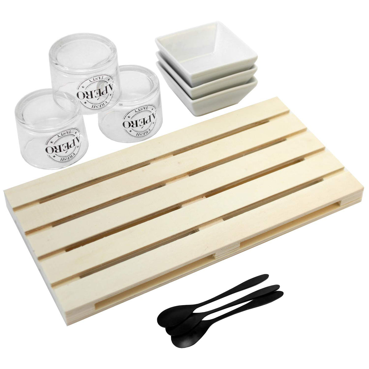 EDCO 10-Piece Appetizer Set with Wooden Tray, Glass Cups, Ceramic Bowls and Spoon, Serving Dishes