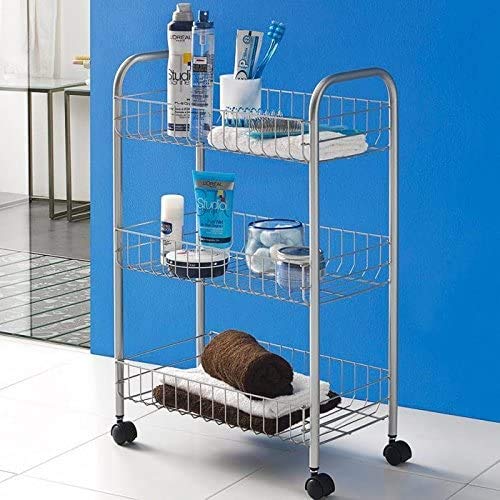 Kitchen Cart Multipurpose Trolley Fruit Holder Vegetable Holder Space-Saving Metal Cart with 3 Rectangular Baskets 4 Wheels 3 Colors 41 x 26 x 64 cm