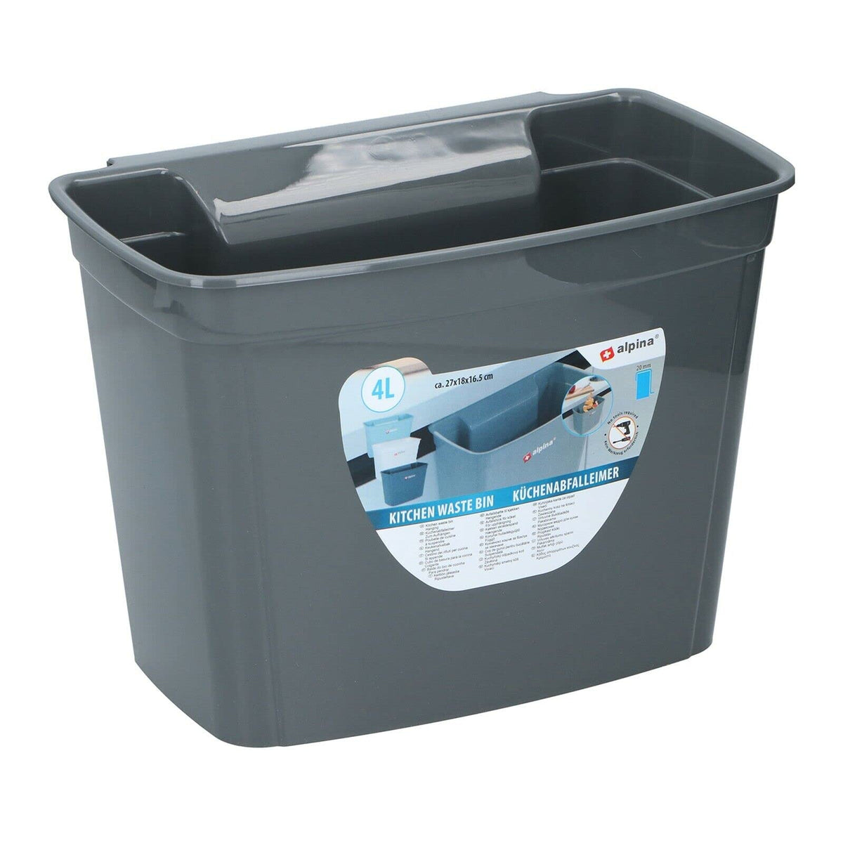 Over-the-door hanging kitchen waste bin, garbage bin, plastic, 4L, black