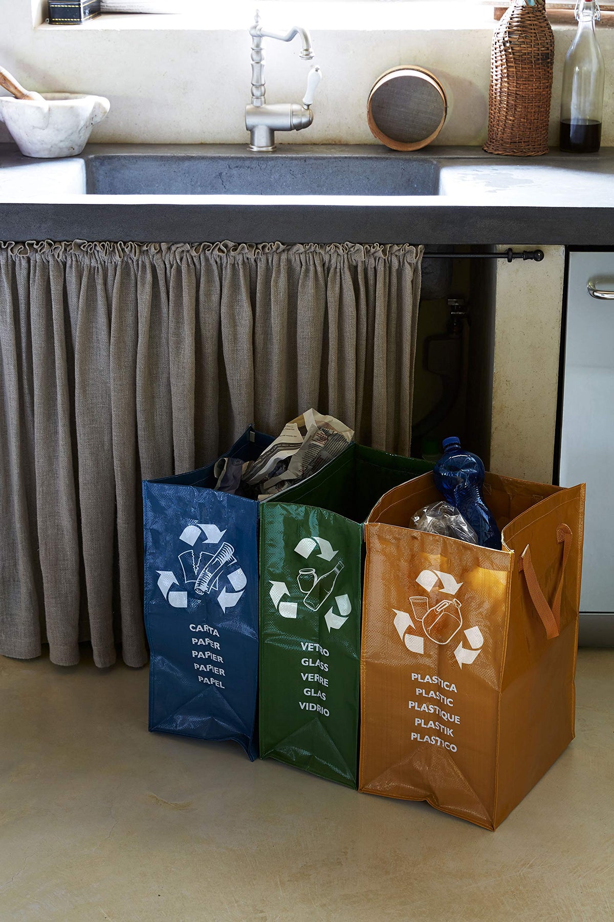 Set 3 Contenitori Raccolta Differenziata Perfetto Ricicla Bags 110L - Polipropilene Semirigido