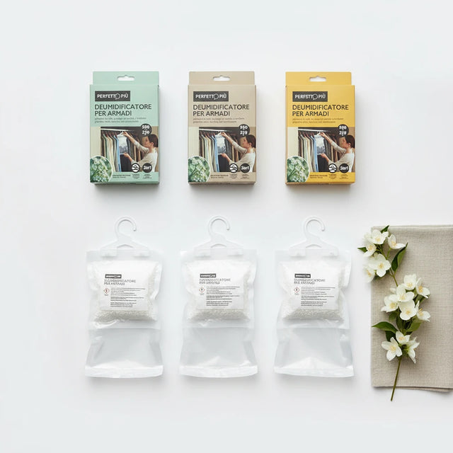 Deumidificatore per Armadio con Appendino | 12 Pz × 230g – Neutro, Jasmine, Muschio Bianco