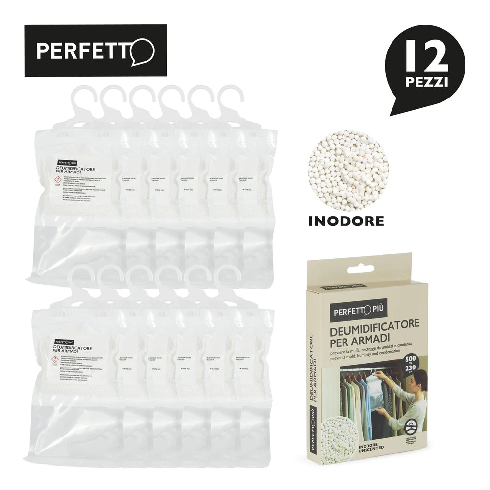 Deumidificatore per Armadio con Appendino | 12 Pz × 230g – Neutro, Jasmine, Muschio Bianco