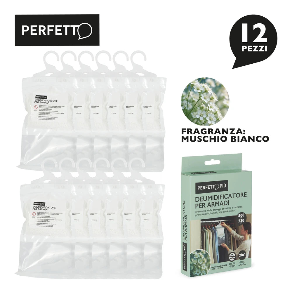 Deumidificatore per Armadio con Appendino | 12 Pz × 230g – Neutro, Jasmine, Muschio Bianco