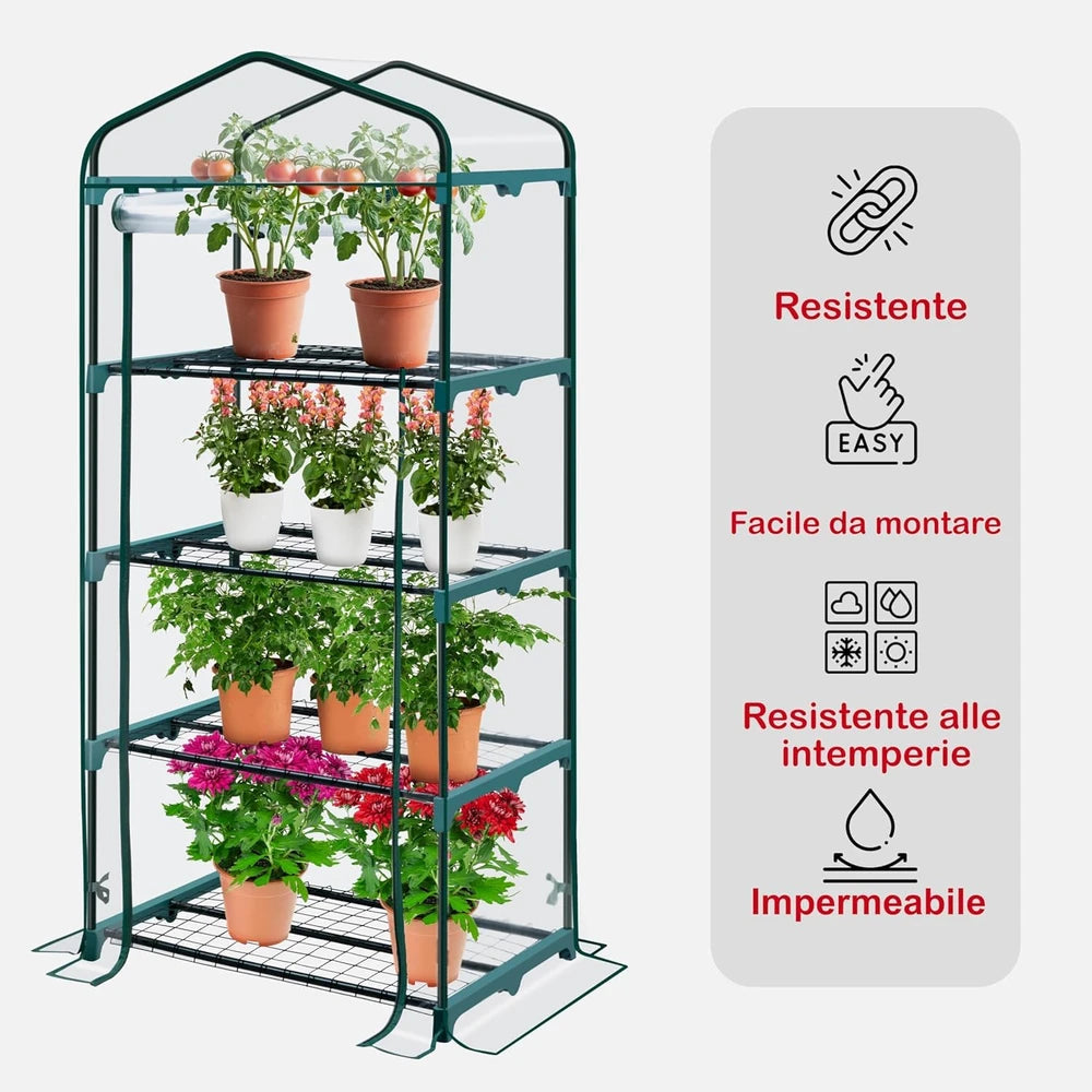 Serra da giardino portatile a 4 ripiani 158 × 68 × 50 cm con porta arrotolabile