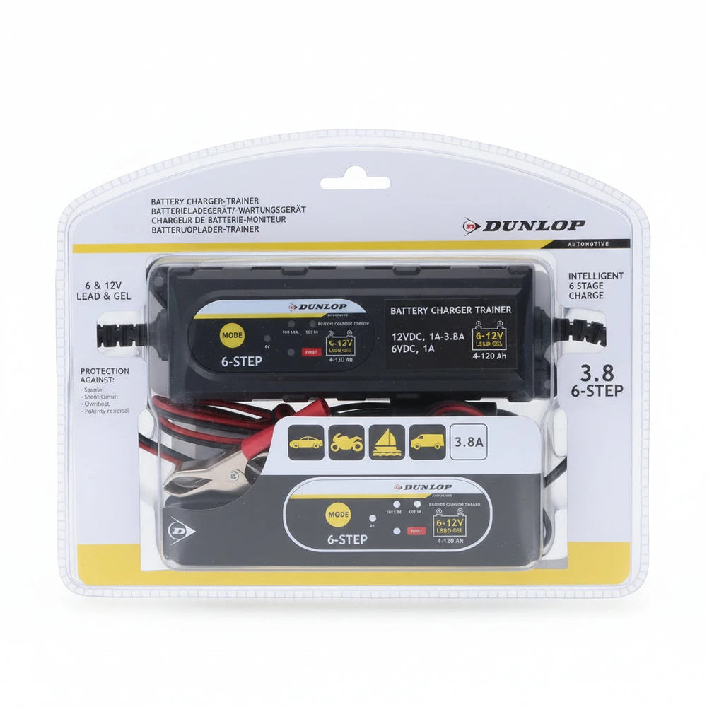 Caricabatterie Intelligente Dunlop 3,8A 6V/12V | 6 Stadi | Batterie Piombo-Acido e Gel 4Ah–120Ah | Auto, Moto, Barca