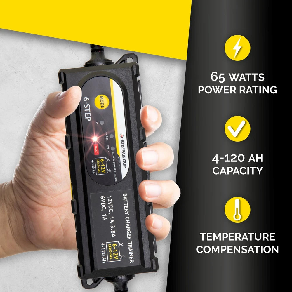 Caricabatterie Intelligente Dunlop 3,8A 6V/12V | 6 Stadi | Batterie Piombo-Acido e Gel 4Ah–120Ah | Auto, Moto, Barca