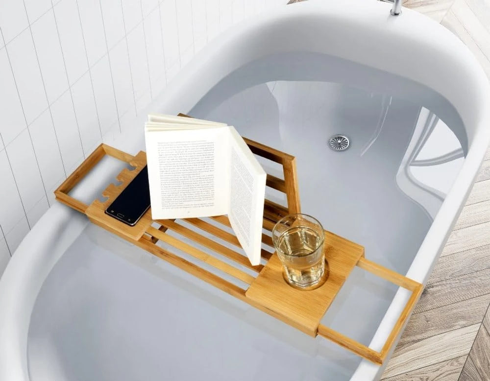 alpina Adjustable Bathtub Tray - Storage Tray 50-92 x 18 x 4 cm - Bamboo Bathroom Cabinet with Book Holder and Tablet Stand - Incl. Cup Holder - Bathroom Accessories