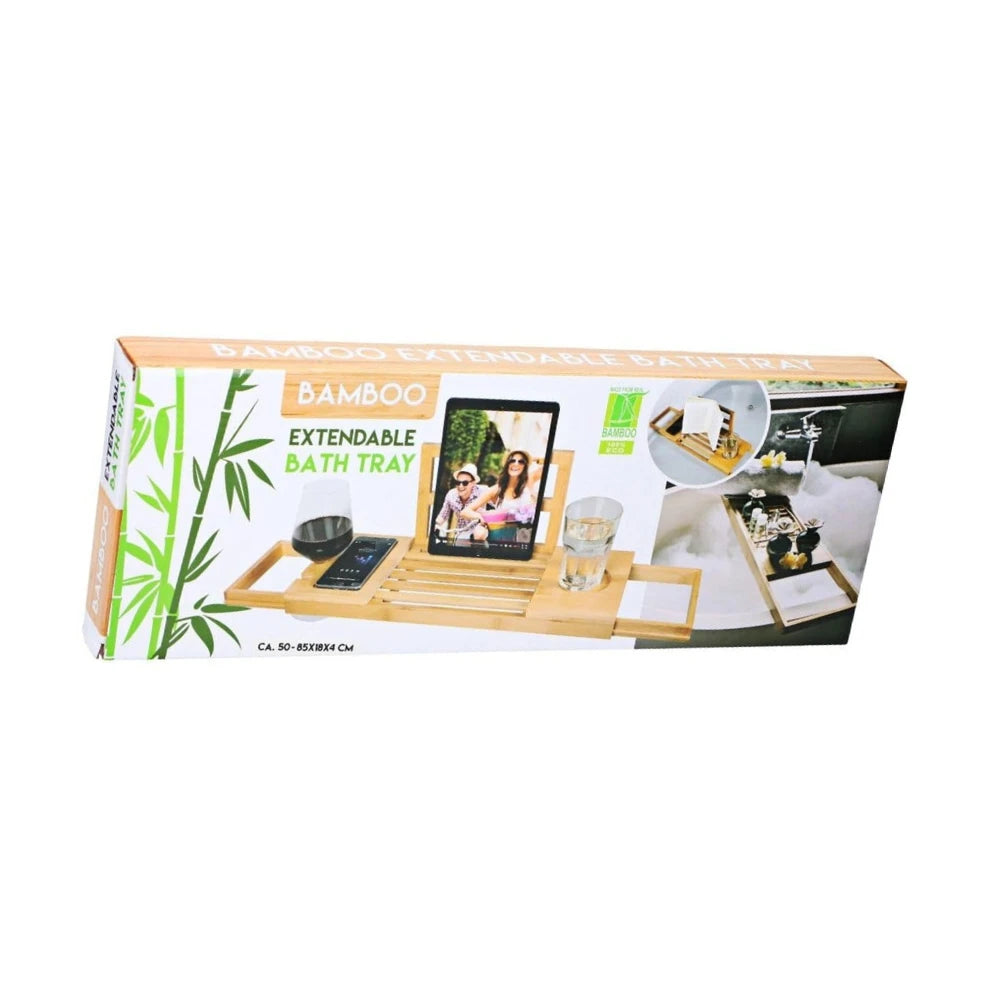 alpina Adjustable Bathtub Tray - Storage Tray 50-92 x 18 x 4 cm - Bamboo Bathroom Cabinet with Book Holder and Tablet Stand - Incl. Cup Holder - Bathroom Accessories