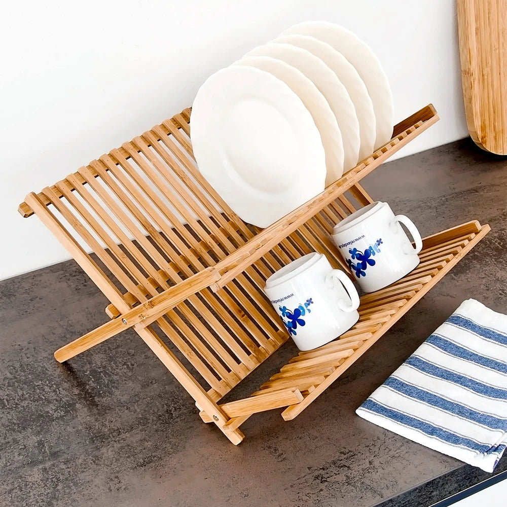 Relaxdays Bamboo Dish Drainer, Two-Tier, Foldable