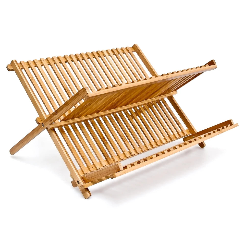 Relaxdays Bamboo Dish Drainer, Two-Tier, Foldable