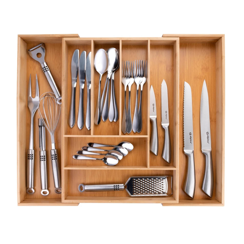 alpina Drawer Cutlery Tray - Expandable Kitchen Drawer Organizer 46 x 34-56.5 x 6 cm - Drawer Organizer with 6 to 8 Compartments - For Kitchen Utensils, Sunglasses and More - Bamboo