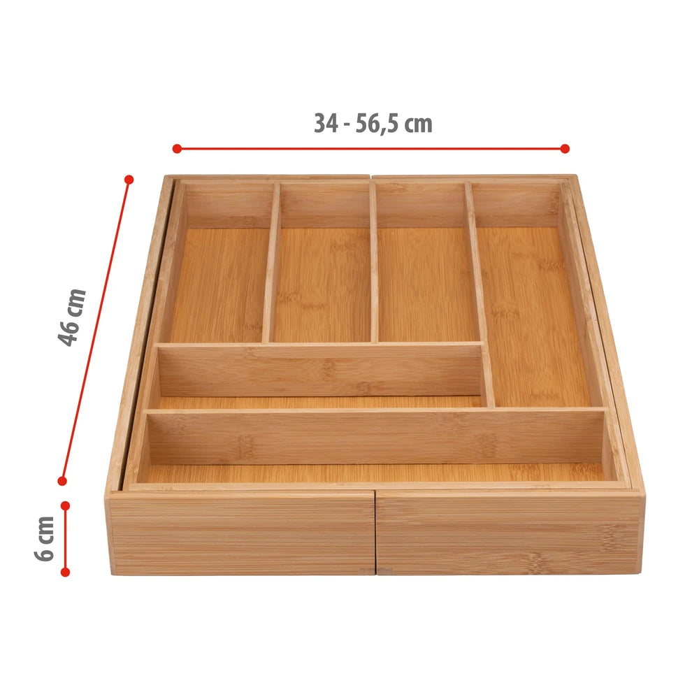 alpina Drawer Cutlery Tray - Expandable Kitchen Drawer Organizer 46 x 34-56.5 x 6 cm - Drawer Organizer with 6 to 8 Compartments - For Kitchen Utensils, Sunglasses and More - Bamboo