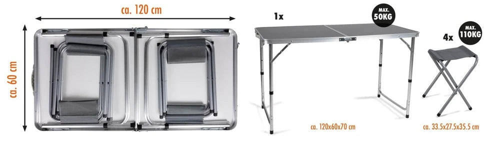 Set Tavolo Pieghevole 5in1 con 4 Sedie | Altezza Regolabile 3 Livelli | Campeggio, Picnic, Giardino | Nero