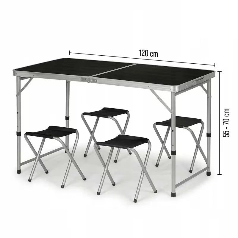 Set Tavolo Pieghevole 5in1 con 4 Sedie | Altezza Regolabile 3 Livelli | Campeggio, Picnic, Giardino | Nero