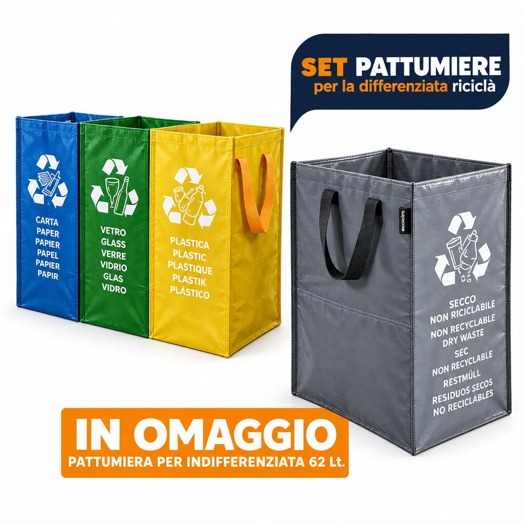 Set 4 Pattumiere Raccolta Differenziata 172L + Omaggio 62L