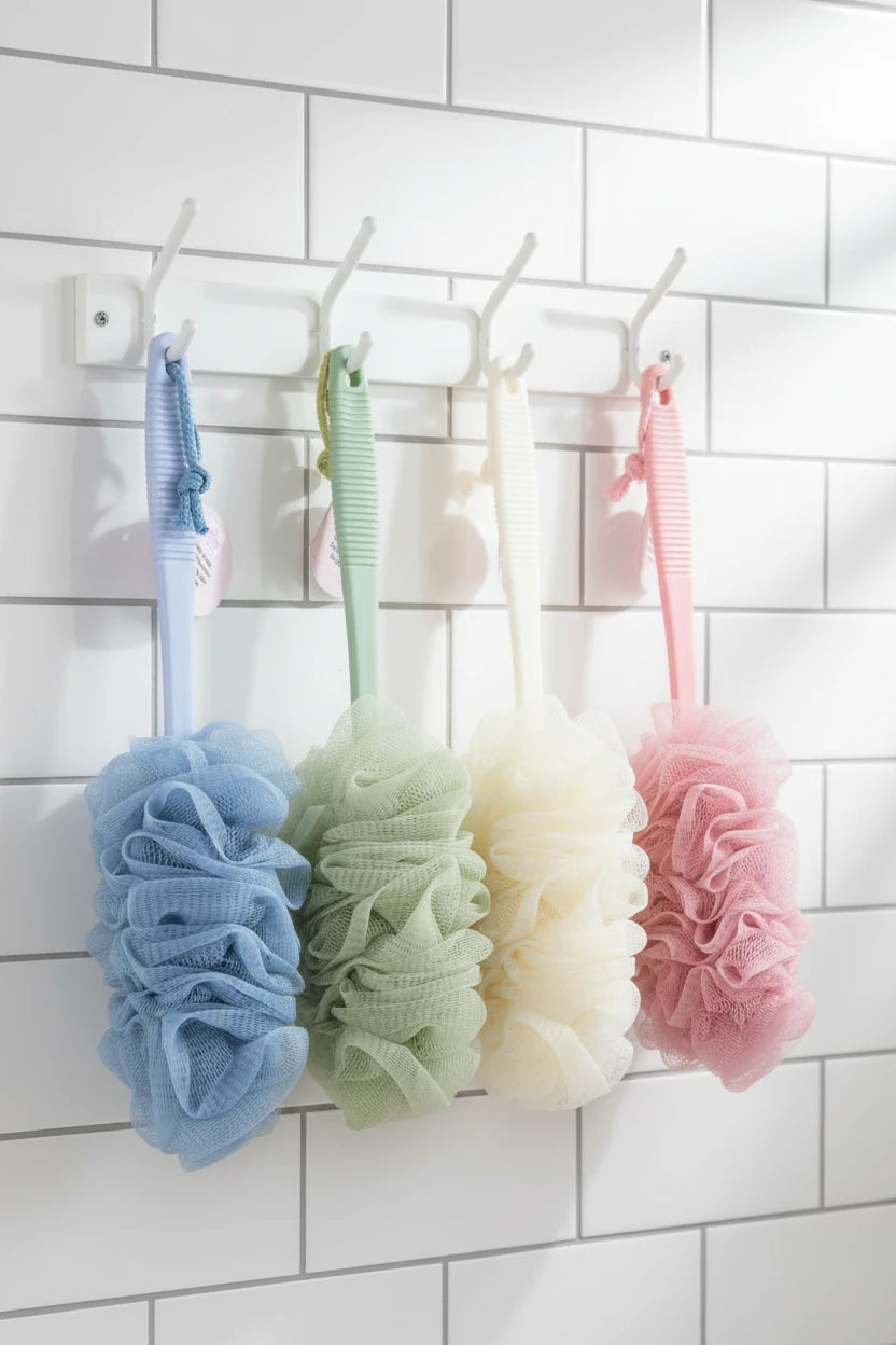 Set 4 Spazzole Bagno Doccia a Rete con Manico 40 cm | 4 Colori
