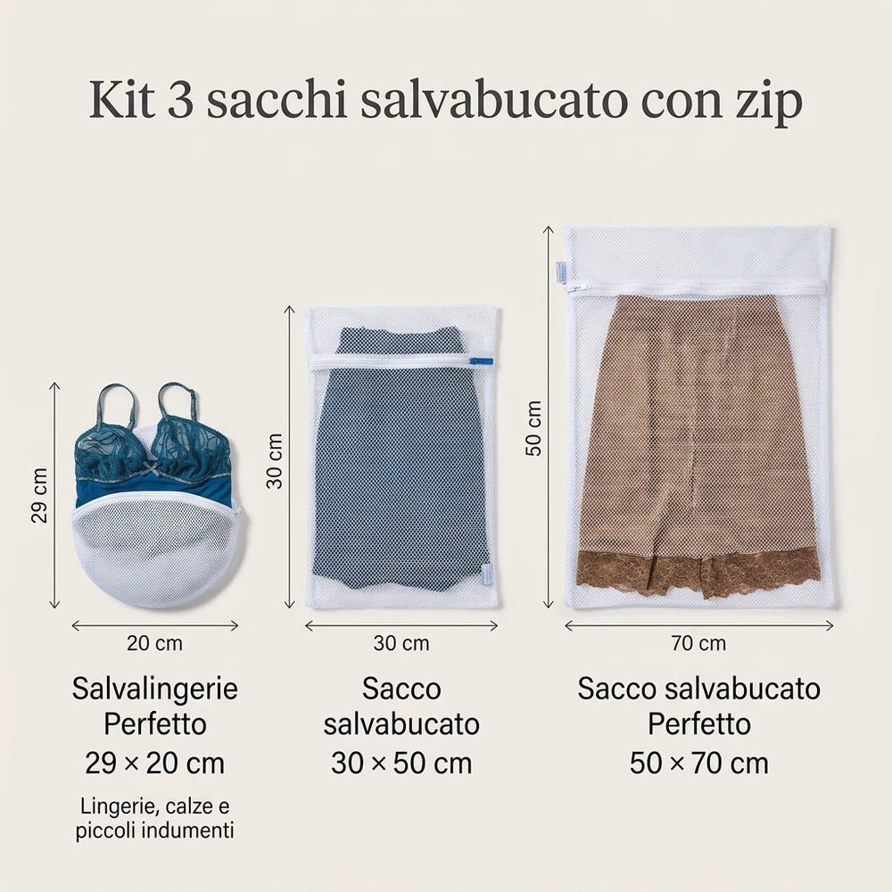 Set Bucato  Basic con 3 Sacchi  a Rete Salvabucato Perfetto varie Misure