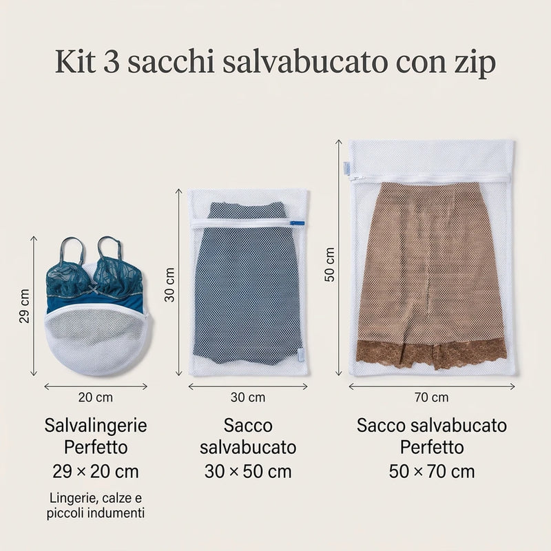 Set Bucato  Basic con 3 Sacchi  a Rete Salvabucato Perfetto varie Misure