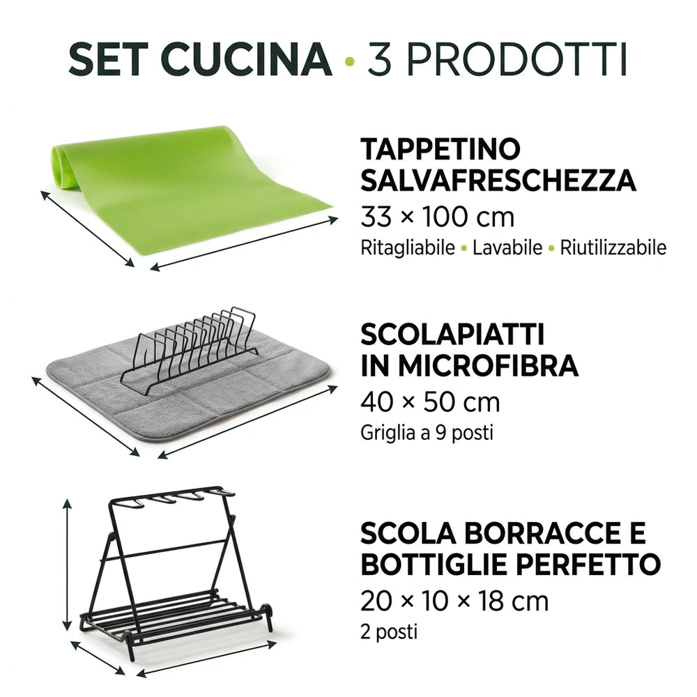 Set Cucina Premium con Salvafreschezza, Scolapiatti con griglia e Scolabottiglie
