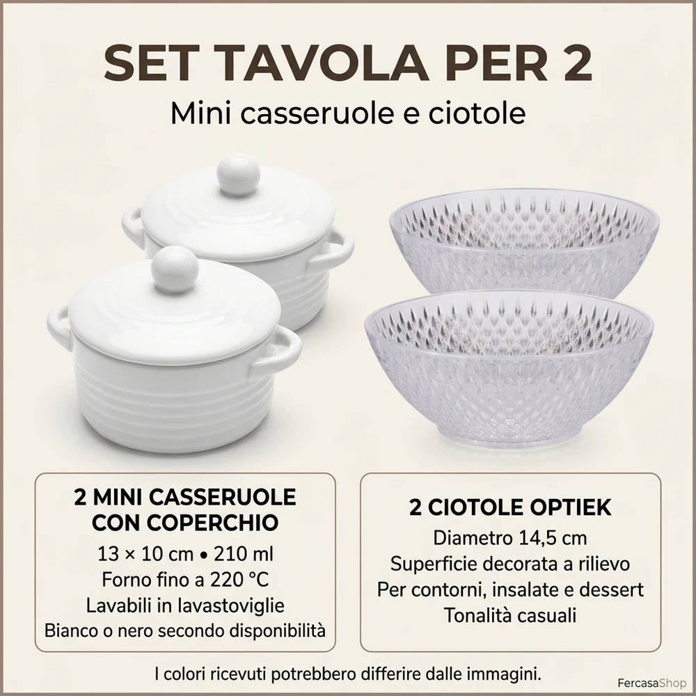 Set Tavola per 2 Persone in Ceramica con Mini Casseruole e Ciotole