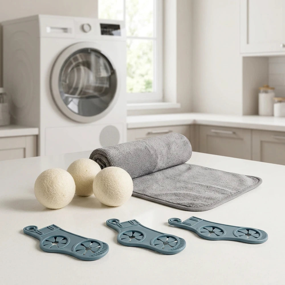 Set Cura Bucato: 3 Sfere B-Wool in Lana per Asciugatrice, Telo Asciugalana e 3 Clip Accoppia Calzini PERFETTO