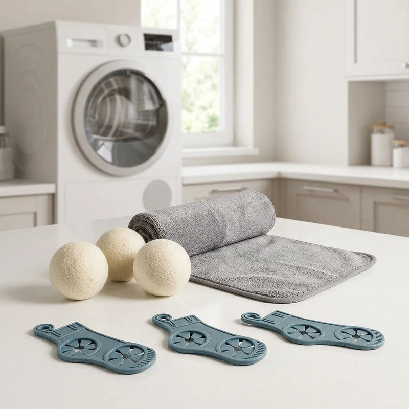 Set Cura Bucato: 3 Sfere B-Wool in Lana per Asciugatrice, Telo Asciugalana e 3 Clip Accoppia Calzini PERFETTO