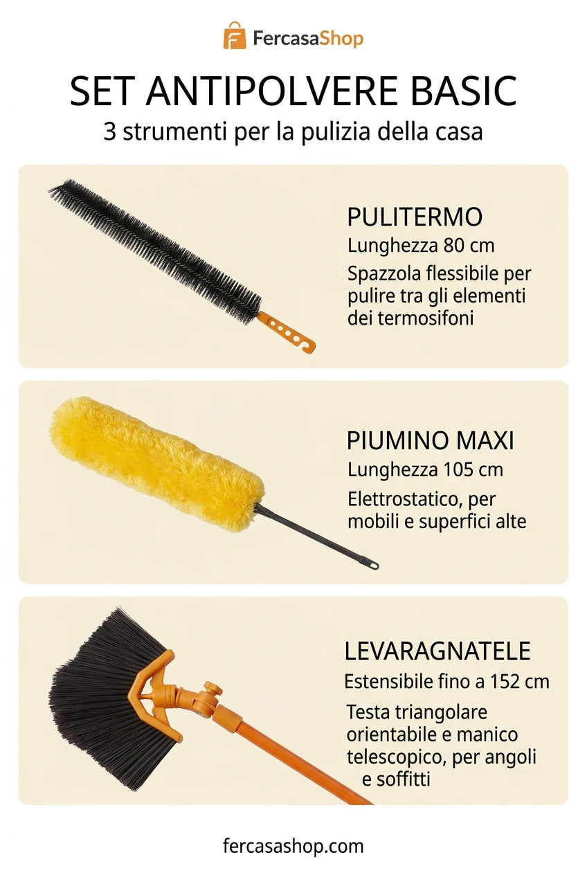 Set Pulizia Polvere Casa 3 Pezzi – Pulitermo, Piumino Maxi e Levaragnatele