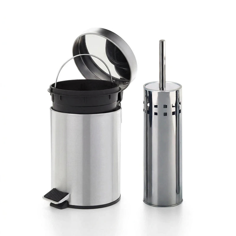 Set Accessori Bagno in Acciaio Inox con Pattumiera a Pedale e Scopino WC