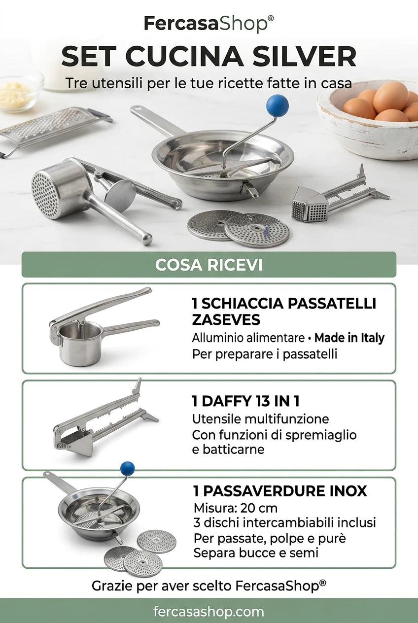 Set Cucina per Passatelli e Passaverdure e spremiaglio in Acciaio e Alluminio