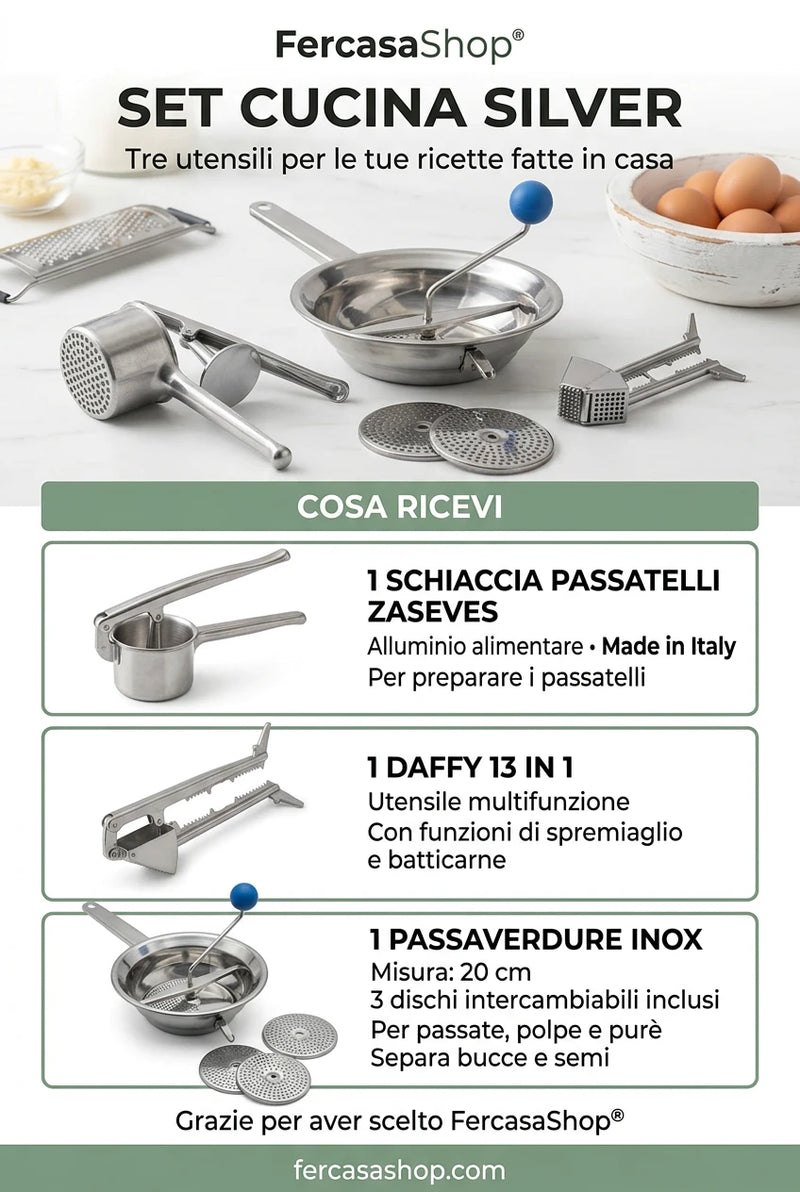 Set Cucina per Passatelli e Passaverdure e spremiaglio in Acciaio e Alluminio