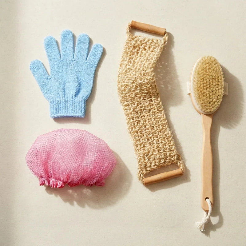 Set Beauty Bagno e Doccia 4 Accessori: Sisal, Spazzola, Cuffia XXL e Guanto