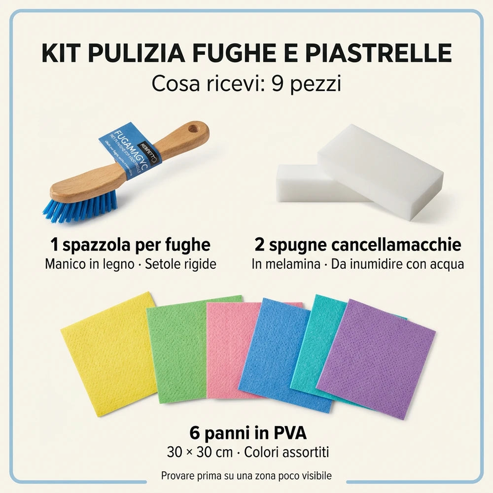 Kit Pulizia Fughe e Piastrelle con Spazzola, Spugne e Panni