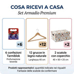 Set Organizzazione Armadio: 6 Confezioni Tarmiblok Lavanda, 12 Grucce in Legno 45 cm e 2 Scatole con Coperchio 50 × 40 x 25 cm