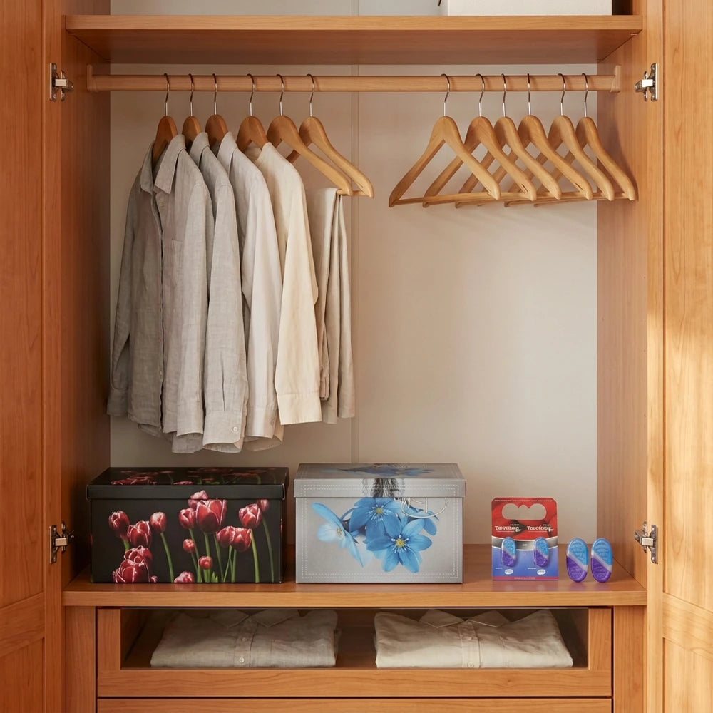 Set Organizzazione Armadio: 6 Confezioni Tarmiblok Lavanda, 12 Grucce in Legno 45 cm e 2 Scatole con Coperchio 50 × 40 x 25 cm