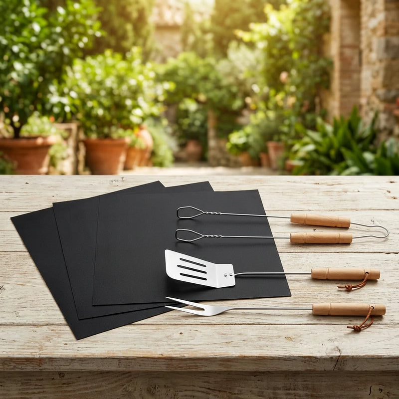 Set BBQ Completo - 3 Utensili Legno + 3 Tappetini per  Griglia
