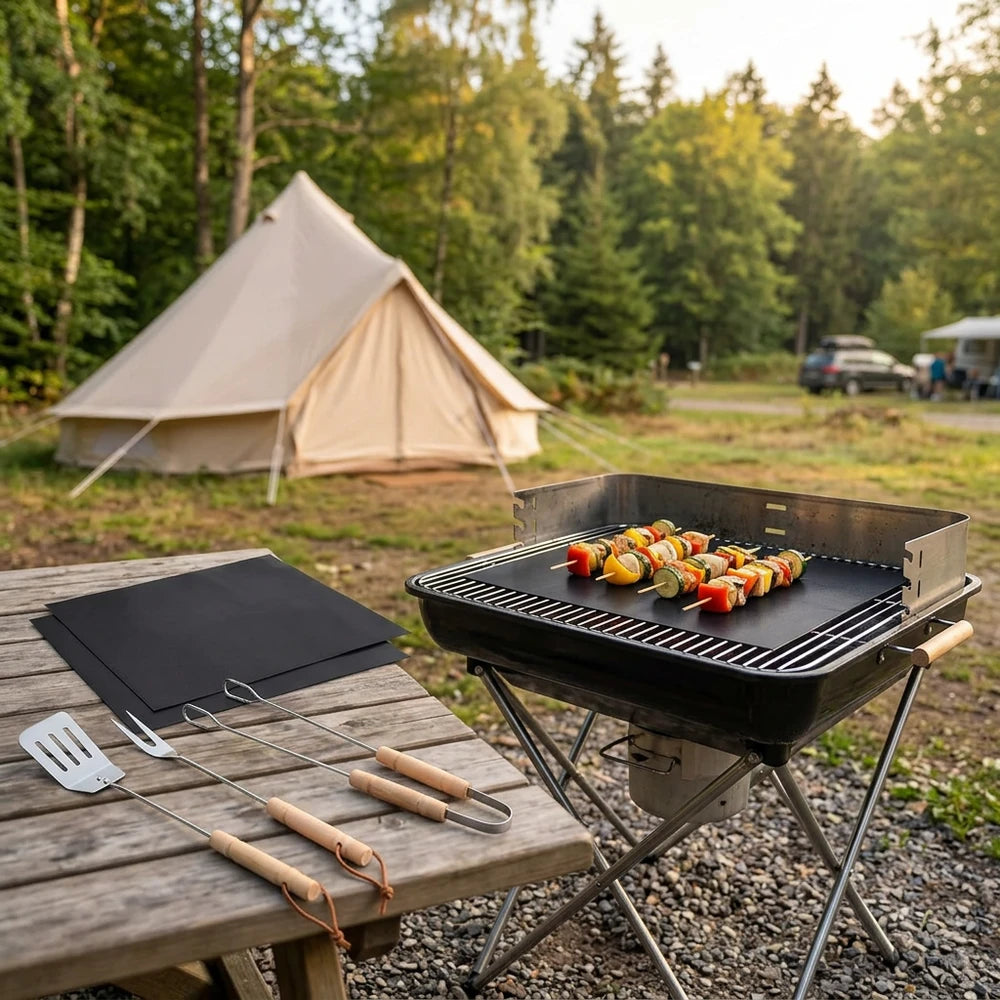Set BBQ Completo - 3 Utensili Legno + 3 Tappetini per  Griglia