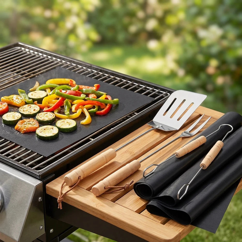 Set BBQ Completo - 3 Utensili Legno + 3 Tappetini per  Griglia
