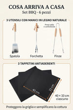 Set BBQ Completo - 3 Utensili Legno + 3 Tappetini per  Griglia