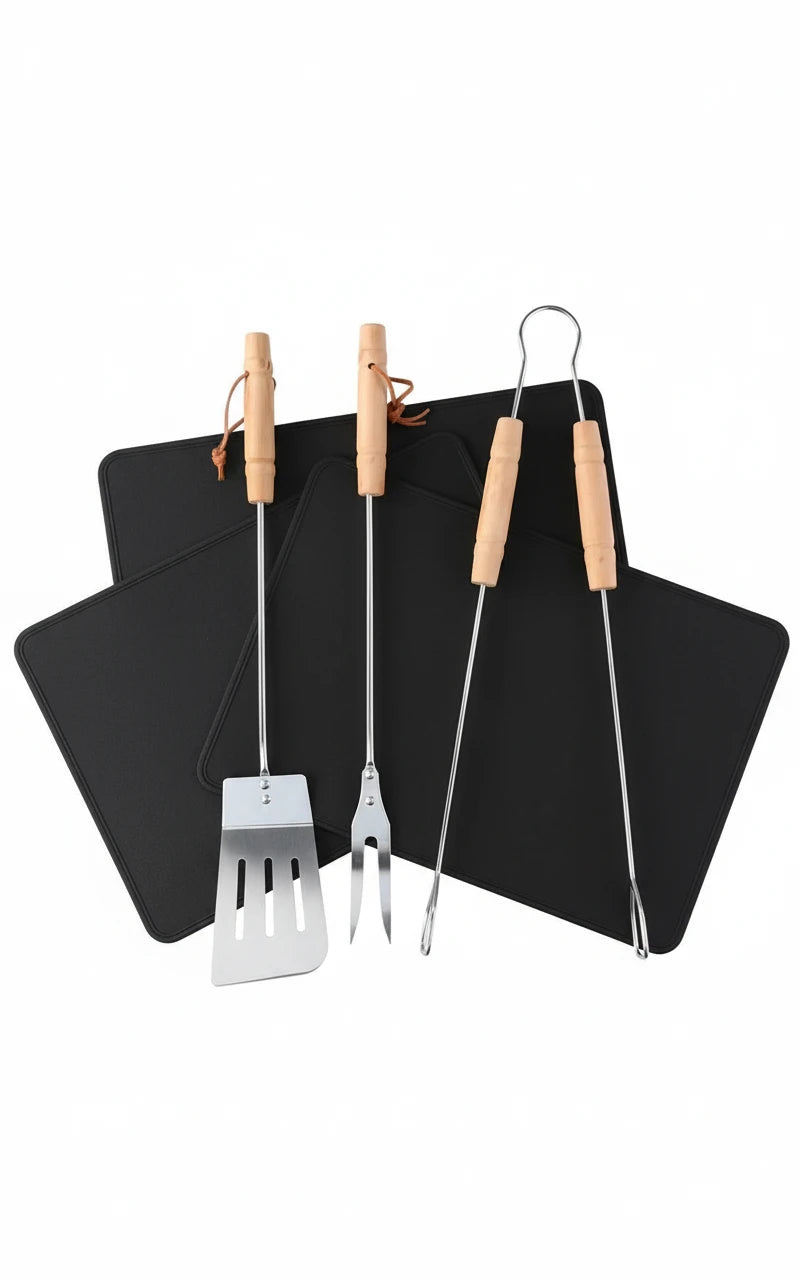 Set BBQ Completo - 3 Utensili Legno + 3 Tappetini per  Griglia