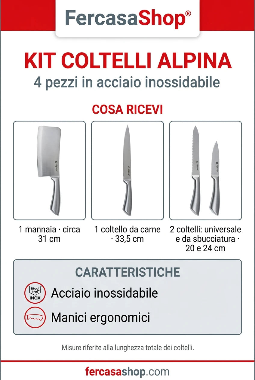 Set Coltelli Professionali Alpina in Acciaio Inossidabile: Mannaia, Coltello da Carne , Pane e sbucciatura