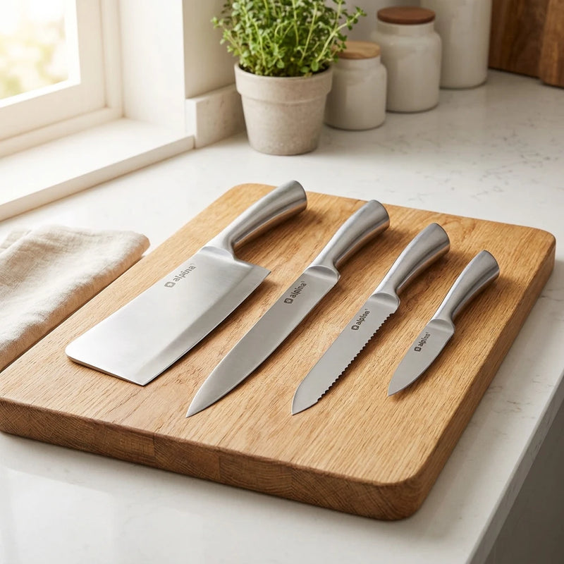 Set Coltelli Professionali Alpina in Acciaio Inossidabile: Mannaia, Coltello da Carne , Pane e sbucciatura