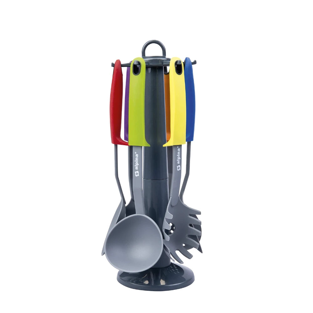 Set Utensili da Cucina Alpina 7 Pezzi in Nylon con Supporto e Manici Colorati